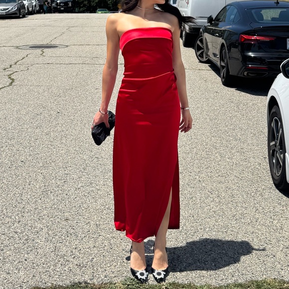 Aritzia Dresses | Aritzia Ten exclusive Satin Dress in Poppy Red Size Small/Medium, with Slit | Color: Red | Size: S | Barscloset's Closet